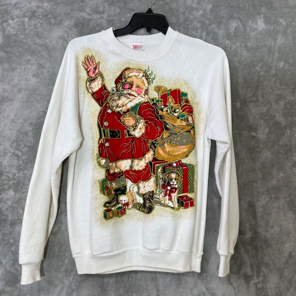 VTG Sunbelt 90’s Y2K Old Fashioned Santa Claus Sweatshirt Glitter Puffy Paint